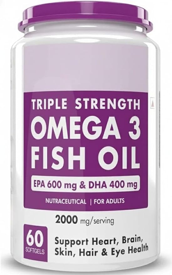 Omega 3 Fish Oil | Omega 3 Fish Oil Capsules for Women and Men | Triple Strength Fish Oil | Burpless, EPA 600 - DHA 400 Supplement, 60 Softgel Capsules