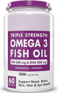 Omega 3 Fish Oil | Omega 3 Fish Oil Capsules for Women and Men | Triple Strength Fish Oil | Burpless, EPA 600 - DHA 400 Supplement, 60 Softgel Capsules
