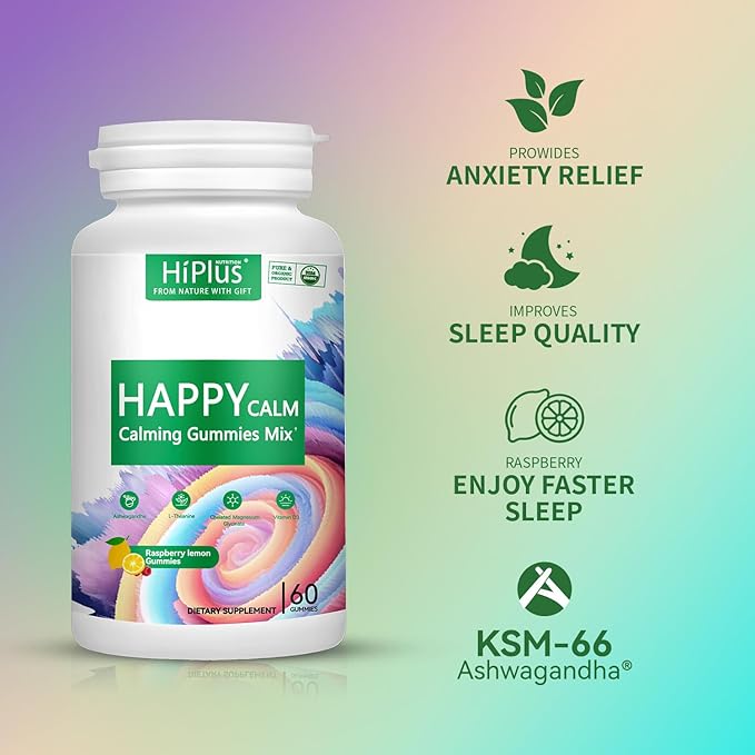 Calming Gummies - Ashwagandha KSM-66, Magnesium Glycinate & L-Theanine Supplement, Vitamin D3 - Ashwagandha Extract - Helps with Focus & Relaxation, Lemon Flavor, 60 Count