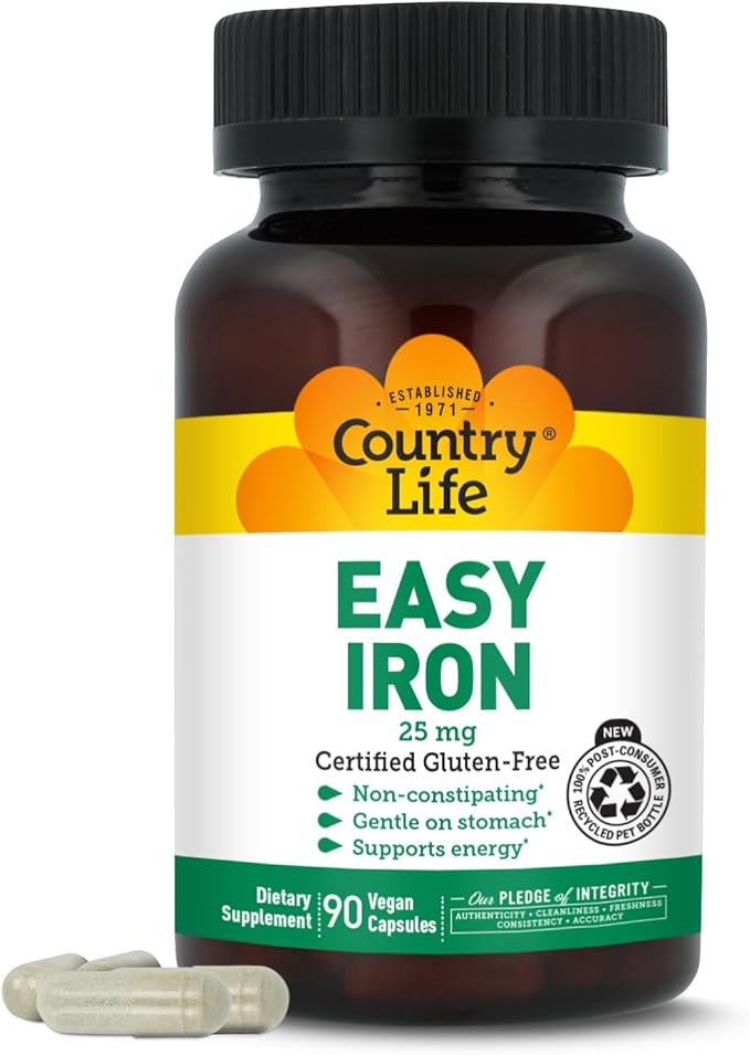 Country Life Easy Iron 25 mg | Gentle, Non-Constipating Iron Supplement | Supports Energy & Red Blood Cell Production | Certified Gluten-Free & Vegan | 90 Vegan Capsules