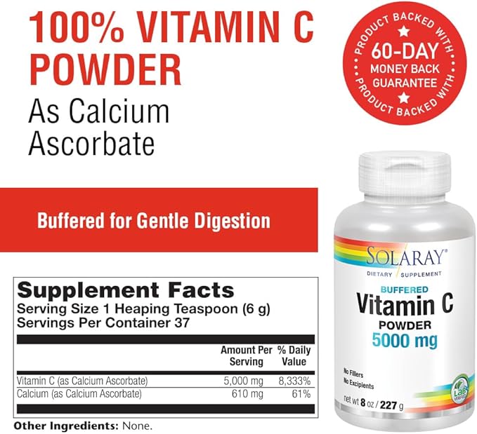 SOLARAY Vitamin C Crystalline 5000mg | Buffered Powder for Gentle Digestion | Healthy Immune Function, Collagen Synthesis & Antioxidant Support | 8 oz