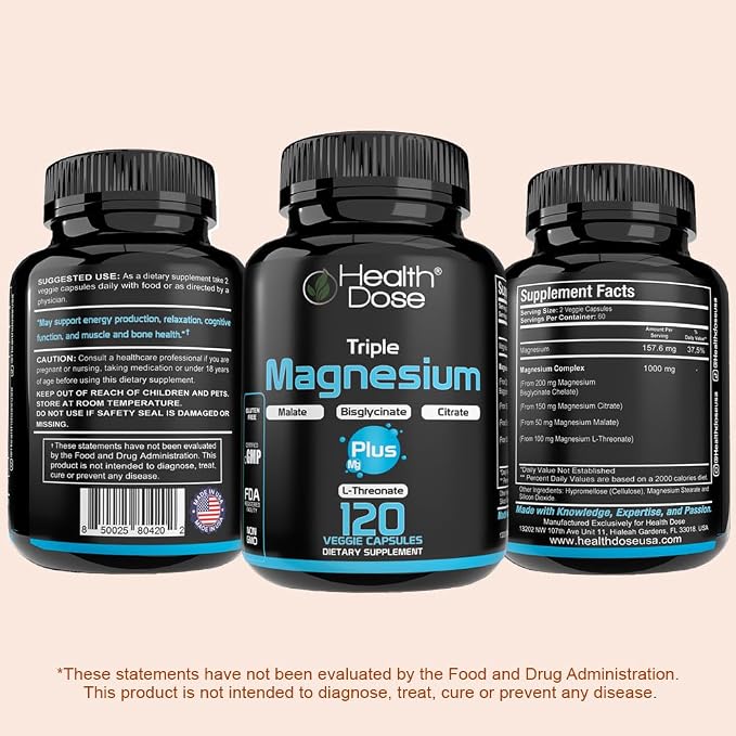 Health Dose Triple Magnesium Complex 1000 mg | L-Threonate, Bisglycinate, Citrate & Malate Blend | Support for Muscle Relaxation, Sleep & Cognitive Function | 120 Capsules | All-in-One Formula (2)