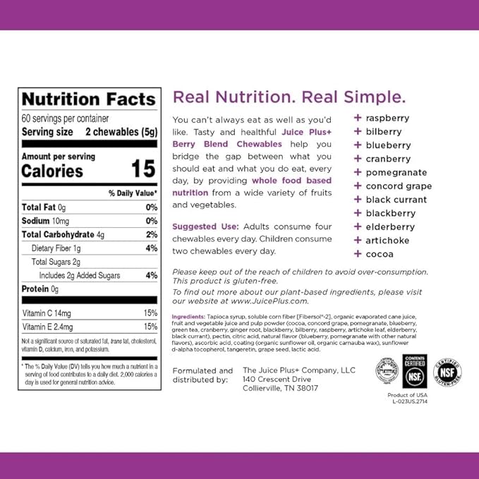 Juice Plus+ Fruit, Vegetable & Berry Blend Soft Chews (Chewables) - 30 Plant-Based Ingredients! Vegan Gummies for Kids & Adults - Gluten-Free, Non-GMO, No HFCS - Prepacked 3 Pouches (30 Chews Each)