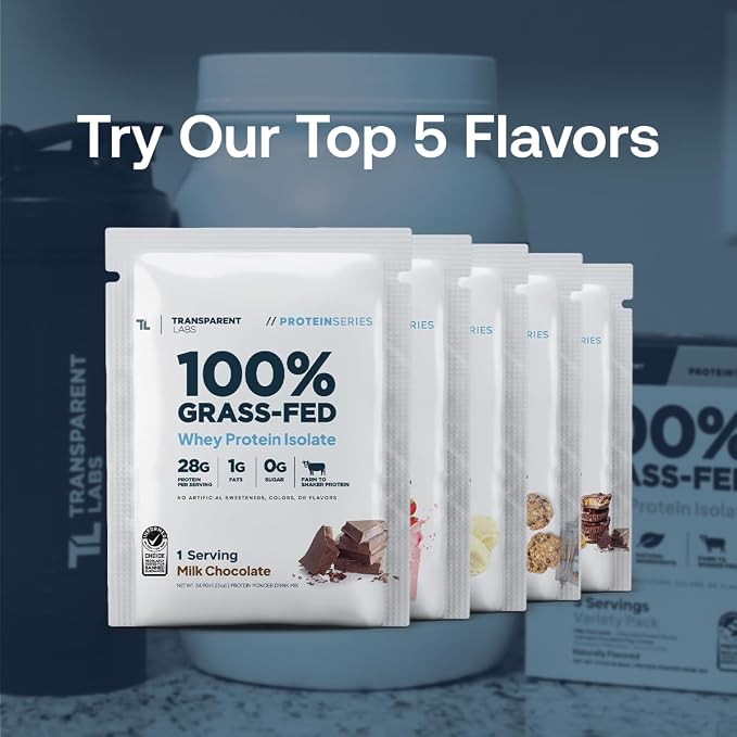 Transparent Labs Grass-Fed Whey Protein Isolate - Natural Flavor, Gluten Free Whey Protein Powder w/ 28g of Protein per Serving & 9 Essential Amino Acids - 5 Servings, Variety Pack