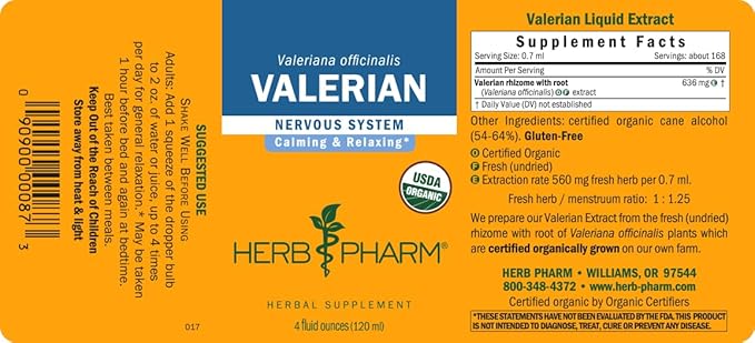 Herb Pharm Certified Organic Valerian Root Liquid Extract for Relaxation and Restful Sleep, Organic Cane Alcohol, 4 Ounce