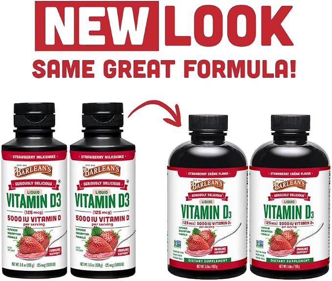 Barlean's Pack of 2 Vitamin D3 Liquid Supplement for Kids and Adults, 5000 IU Vitamin D, Strawberry Milkshake, Non-GMO, Gluten and Dairy Free, 5.6 oz Each