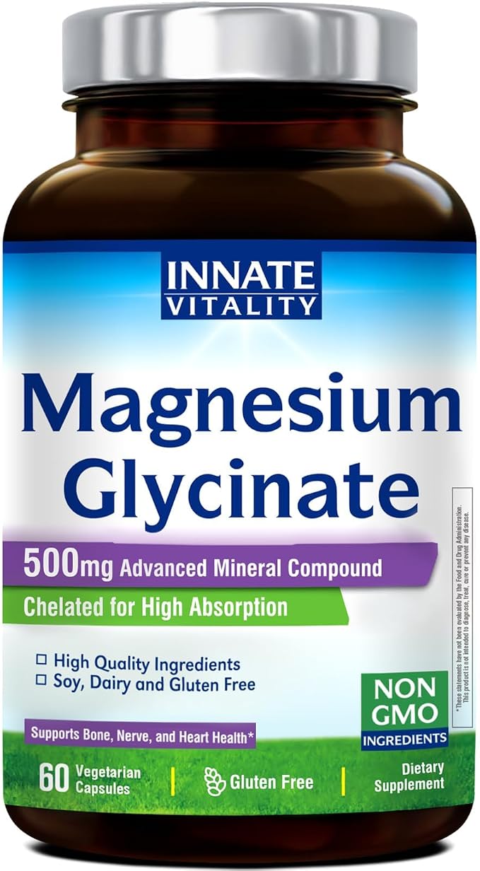 Innate Vitality Magnesium Glycinate 500mg | 70mg Elemental Magnesium Supplement - High Absorption, Non Buffered, Non-GMO & No Gluten - Vegan - Nerve Health - 60 Capsules (Pack of 1)