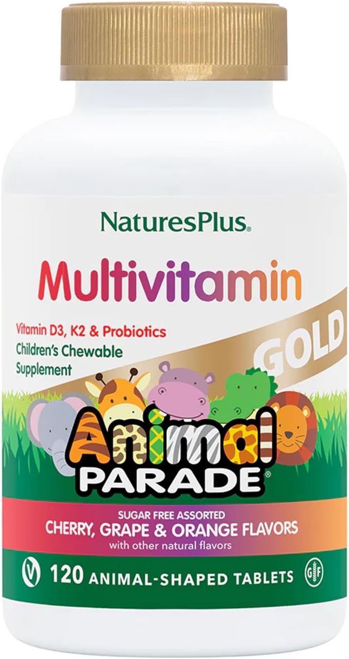 NaturesPlus Animal Parade Gold Children's Multivitamin - 120 Animal-Shaped Chewable Tablets - Assorted Cherry, Orange & Grape Flavors - Vegan, Gluten Free - 60 Total Servings