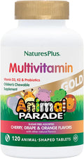 NaturesPlus Animal Parade Gold Children's Multivitamin - 120 Animal-Shaped Chewable Tablets - Assorted Cherry, Orange & Grape Flavors - Vegan, Gluten Free - 60 Total Servings