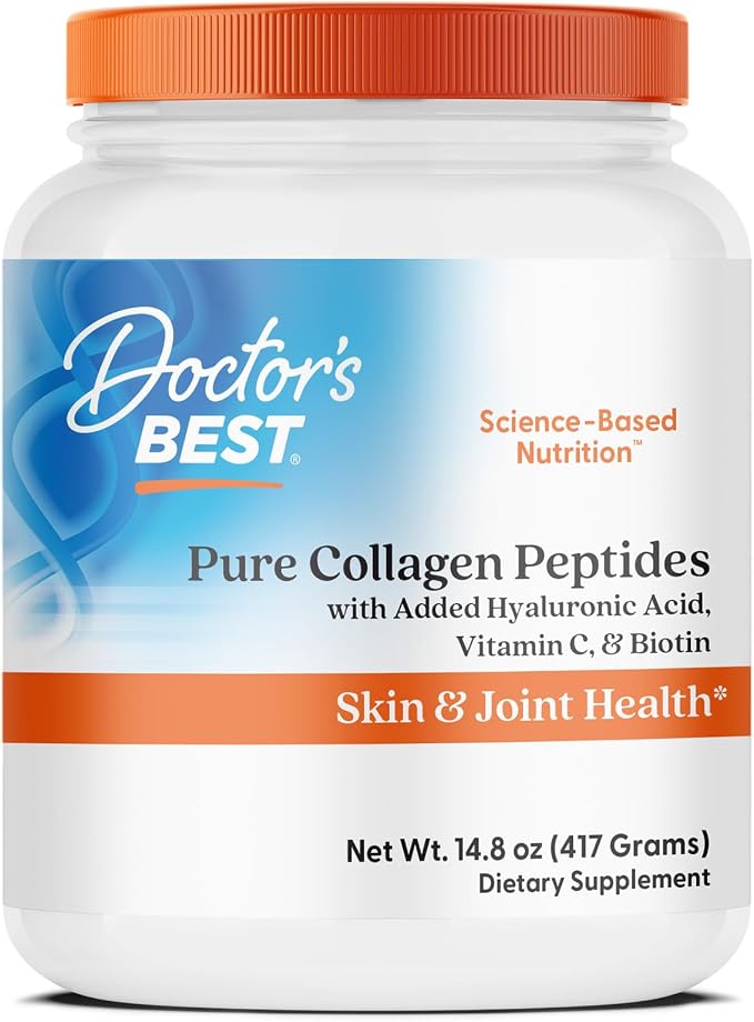 Doctor's BEST Pure Collagen Peptides w/Hyaluronic Acid - Collagen Powder Supplement for Women & Men, Unflavored, 18 g Protein & 90 mg Vitamin C per Serving, Supports Healthy Skin & Hair - 14.8 oz