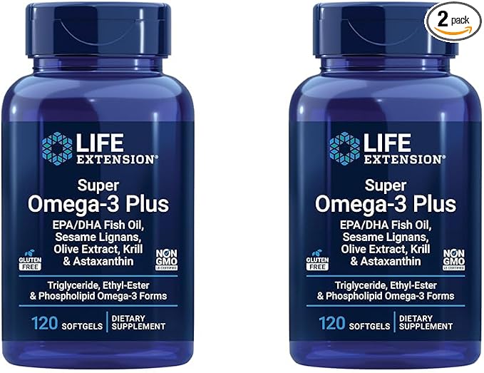 Life Extension Super Omega-3 Plus EPA/DHA Fish Oil, Sesame Lignans, Olive Extract, Krill & Astaxanthin - Heart, Brain & Joint Health Support - Gluten-Free, Non-GMO - 120 Softgels,(Pack of 2)