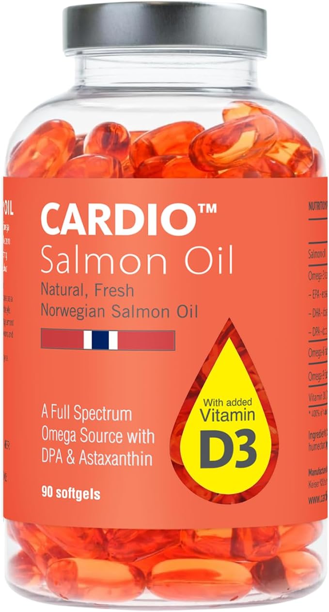 Cardio Omega 3 Fish Oil & Vitamin D3-1000mg, Norwegian Salmon Oil with EPA, DHA, DPA & Astaxanthin, No Fishy Aftertaste, Fatty Acids Supplement - 90 Capsules
