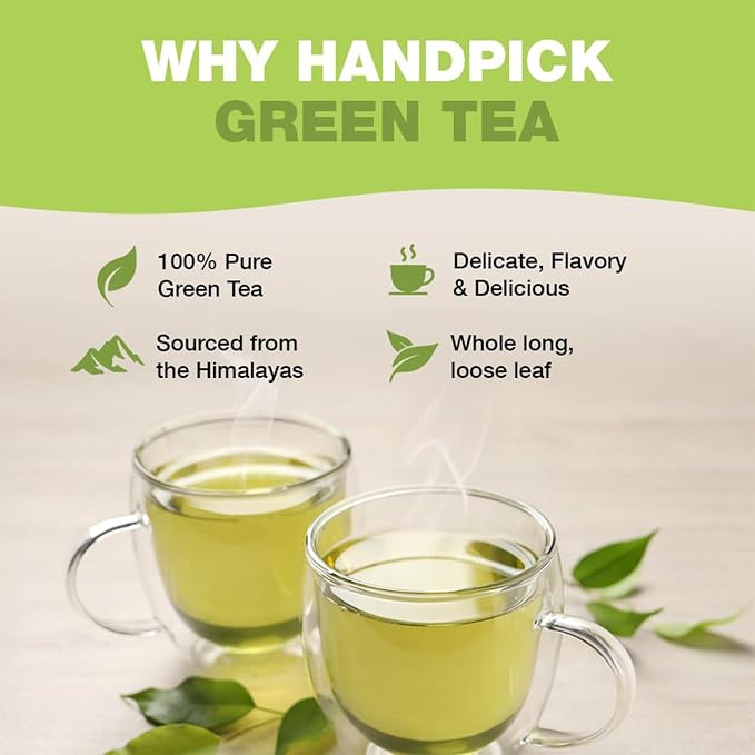 HANDPICK, Green Tea Loose Leaf (255g/9oz) 127 Cups | Non-GMO, 100% Pure Green Tea Leaves Sourced from Himalayas, India | Resealable Ziplock Pouch