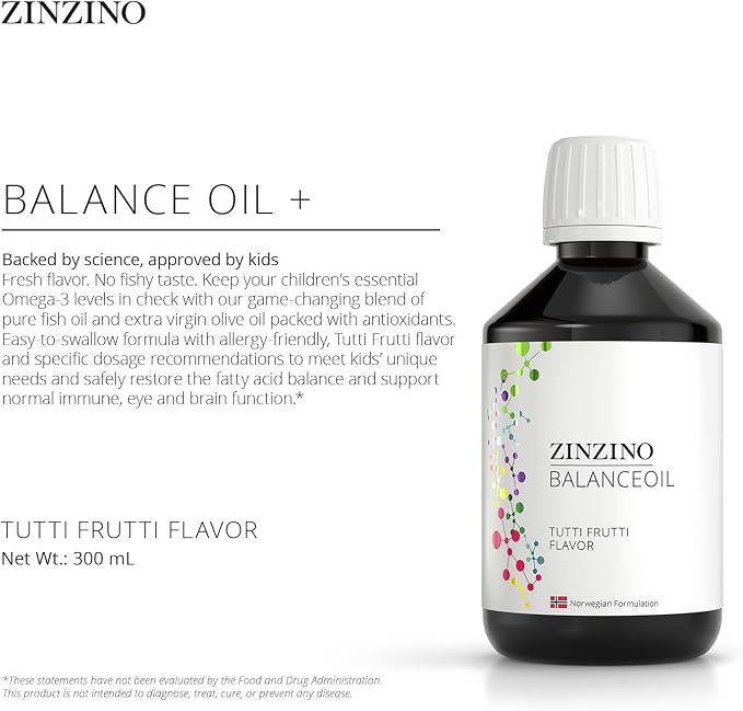 Zinzino - BalanceOil+ Tutti Frutti - Fish Oil Supplement for Kids with Extra Virgin Olive Oil, Omega-3 (EPA+DHA), Olive Polyphenols - (300 ml)