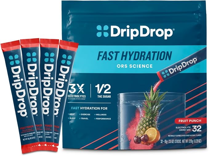 DripDrop Hydration Packets - Fruit Punch - Single Serve Electrolytes Powder Drink Mix - Non-GMO, Gluten Free, Vegan - 32 Sticks
