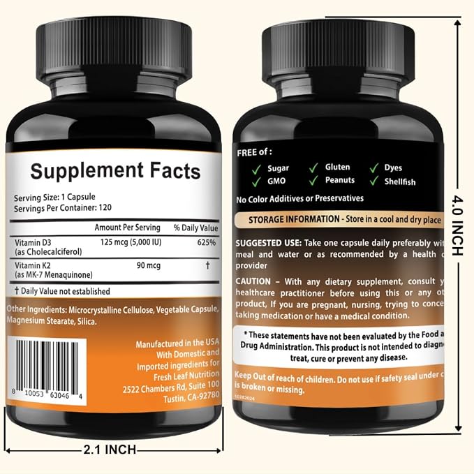 VITBOOST Vitamin D3 K2 Complex - Easy to Swallow - Vitamin D (D3) 5000 IU (125 mcg) & K2(MK-7) 90 mcg | Non-GMO | Gluten-Free | USA Made | 120 Capsules