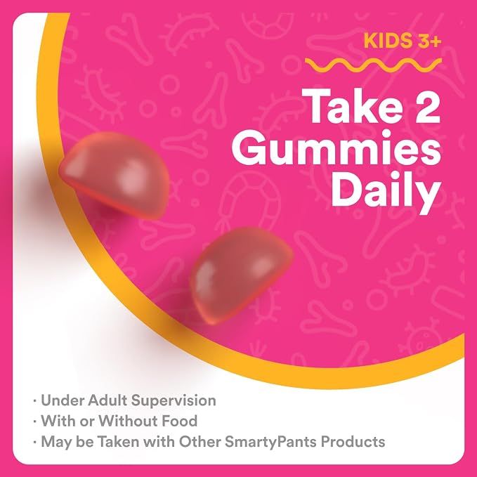 SmartyPants Kids Probiotic & Prebiotic Gummies for Digestive Health: Gut Health Supplement, Clinically Studied Prebiotic for Immune Support, Strawberry, 60 Count (30 Day Supply)