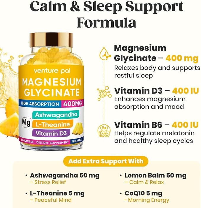 60 Day Supply Magnesium Glycinate 400mg Gummies with Ashwagandha, L-Theanine, CoQ10, Vitamin D3 & B6, Sugar Free Magnesium Gummies for Adults & Kids, Stress Relief, Sleep & Calm, Vegan, Gluten Free