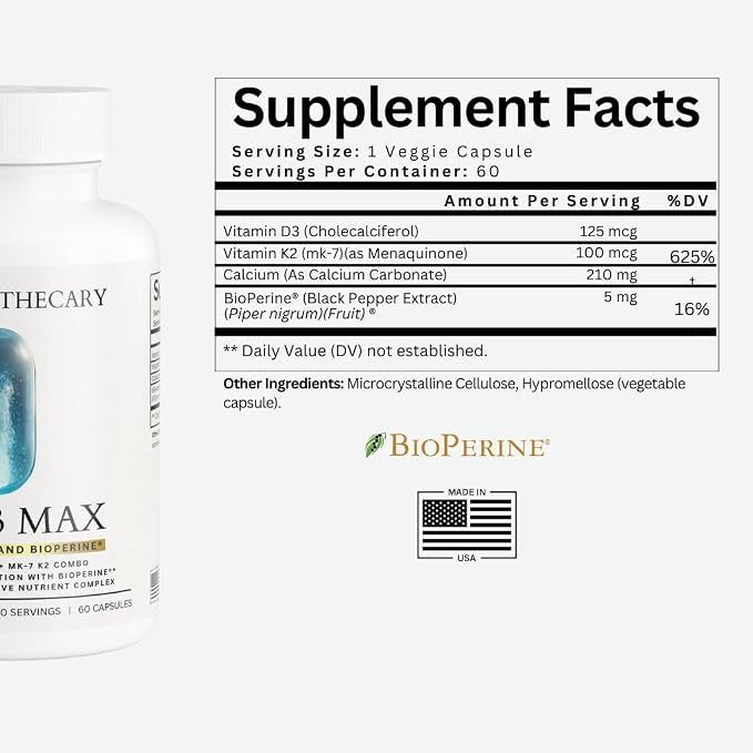 Vitamin D3 K2 Supplement 5000 IU - D3 5000 with K2 MK7 100mcg Calcium BioPerine - Bone Health Immune Support Cardiovascular Wellness - High Absorption Vegan Non-GMO Gluten Free - 60 Capsules