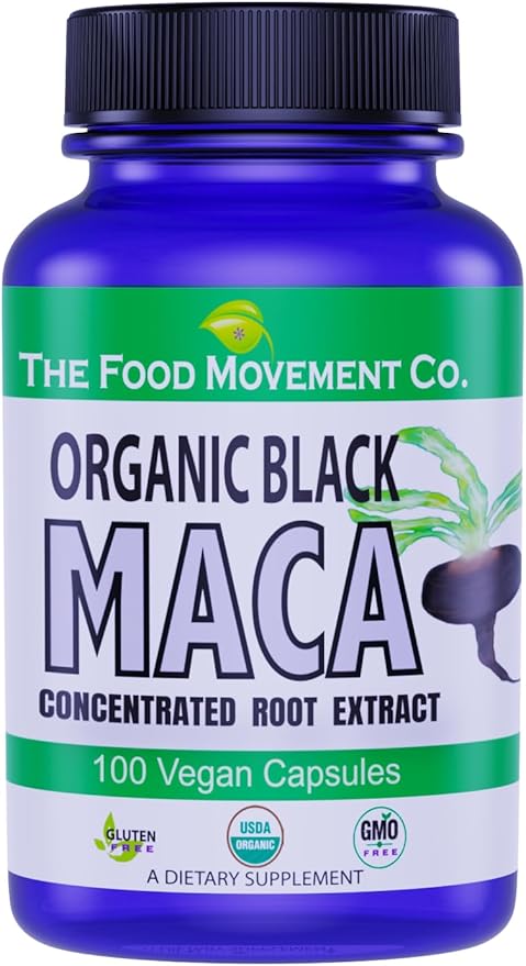 THE FOOD MOVEMENT CO. Black Maca 500mg 60 Capsules - Organic, Non-GMO, Vegan, Gluten Free- Black Maca Root Supplement for Whole Body Wellness
