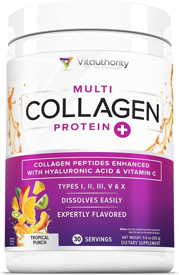 Multi Collagen Peptides Powder for Women - Hydrolyzed Flavored Collagen Powder for Women with Types I II III V & X Vitamin C & Hyaluronic Acid for Hair Skin and Nails (Tropical Punch) - 30 Servings