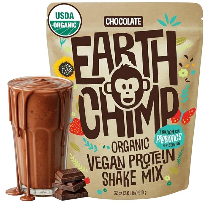 EarthChimp Organic Vegan Protein Powder - with Probiotics - Non GMO, Dairy Free, Non Whey, Plant Based Protein Powder for Women and Men, Gluten Free - 26 Servings 32 Oz (Chocolate)