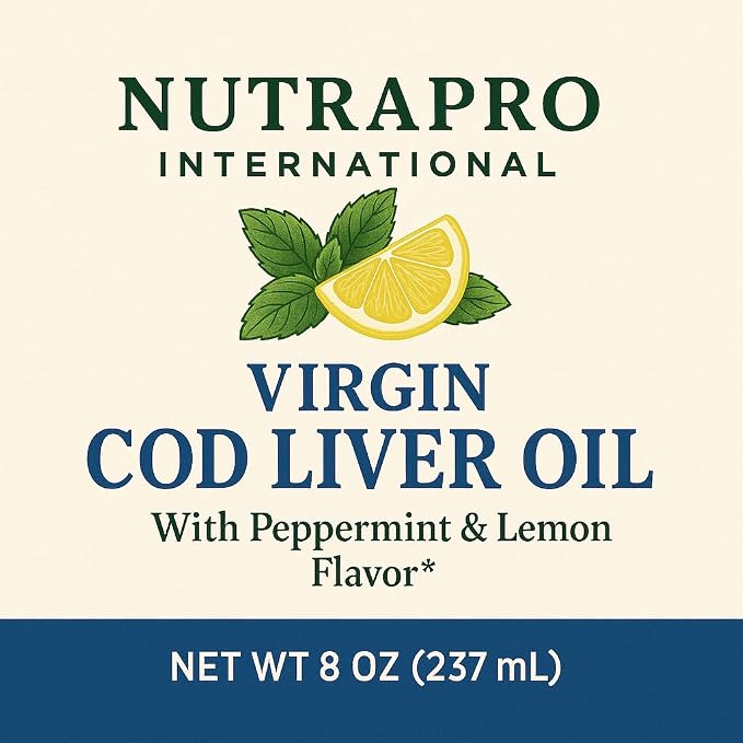 Virgin Cod Liver Oil - 8 Fl oz Natural, Sustainably sourced, Wild Caught & Fresh Tasting. High in Vitamin D, Omega 3 DHA/EPA (Lemon and Peppermint Flavored)