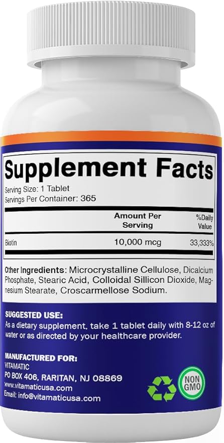 Vitamatic Biotin 10,000 mcg (10 mg) for Stronger Hair, Skin & Nails - 365 Vegan Tablets- Also Called Vitamin B7-2 Pack