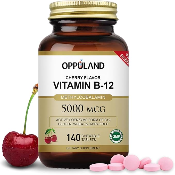 Methyl B-12 5000mcg Chewable with Folate - Vitamin B12 Methylcobalamin Sublingual Tablets - Supports Energy & Brain Function - Vegan Supplement - Cherry Flavor - 140 Count