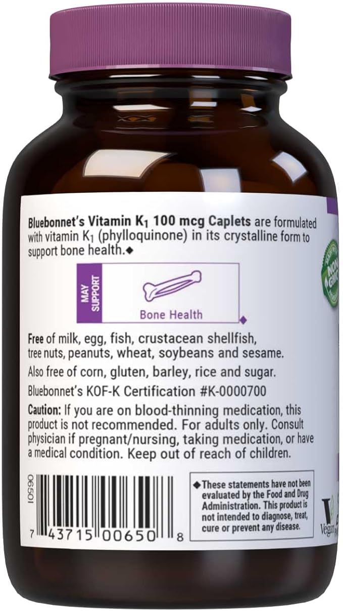 BlueBonnet Vitamin K1 100 mcg Supports Bone Health - Phylloquinone Crystalline Vitamin K Supplement - Non-GMO, Kosher Certified, Gluten-Free, Dairy-Free - 100 Vegan Caplets (Pack of 2)