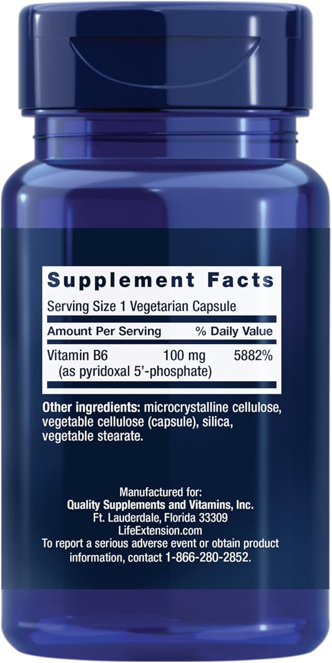 Life Extension Pyridoxal 5'-Phosphate Caps—Vitamin B6, 100 mg, Bioactive B6 for Cardiovascular, Kidney & Nerve Health—Gluten-Free, Non-GMO, Vegetarian—60 Vegetarian Capsules
