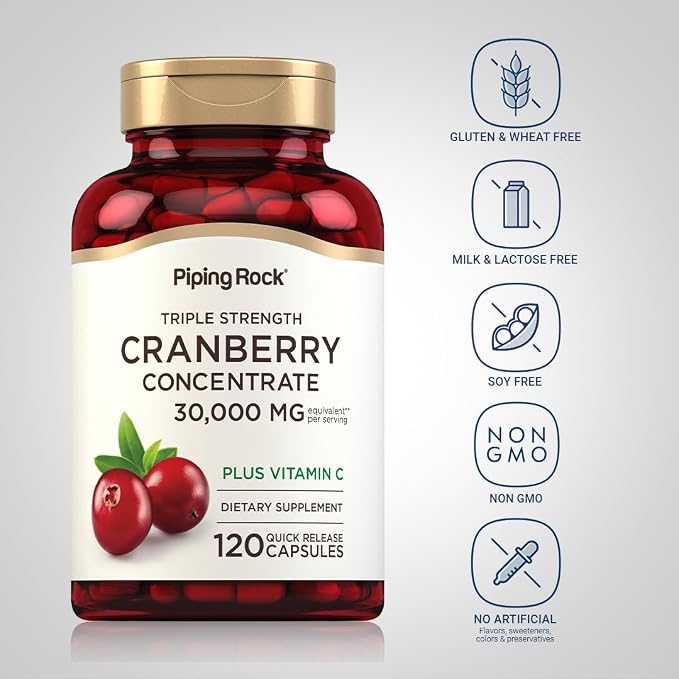 Piping Rock Cranberry Pills | 120 Capsules | Supplement for Women & Men | Triple Strength Concentrate Extract Plus Vitamin C | Non-GMO, Gluten Free