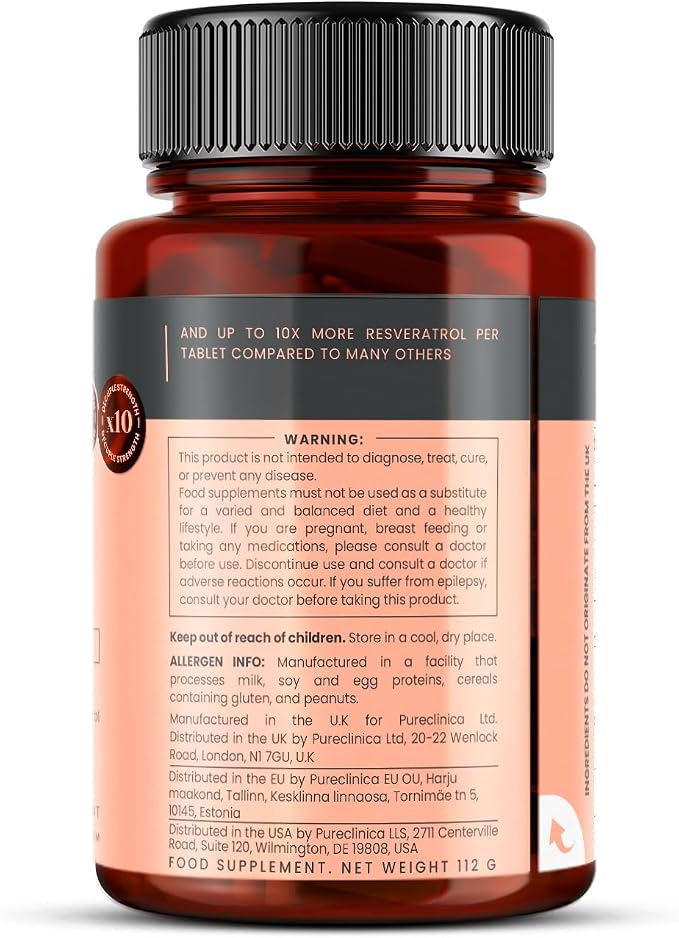 pureclinica 1000mg Resveratrol x 90 Tablets (3 Months Supply). 10 x Strength with Black Pepper Extract for Faster Absorption