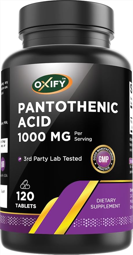 Oxify Panthothenic Acid 1000 mg |120 Tablets | Gluten-Free, Non-GMO | Supplement Made in USA