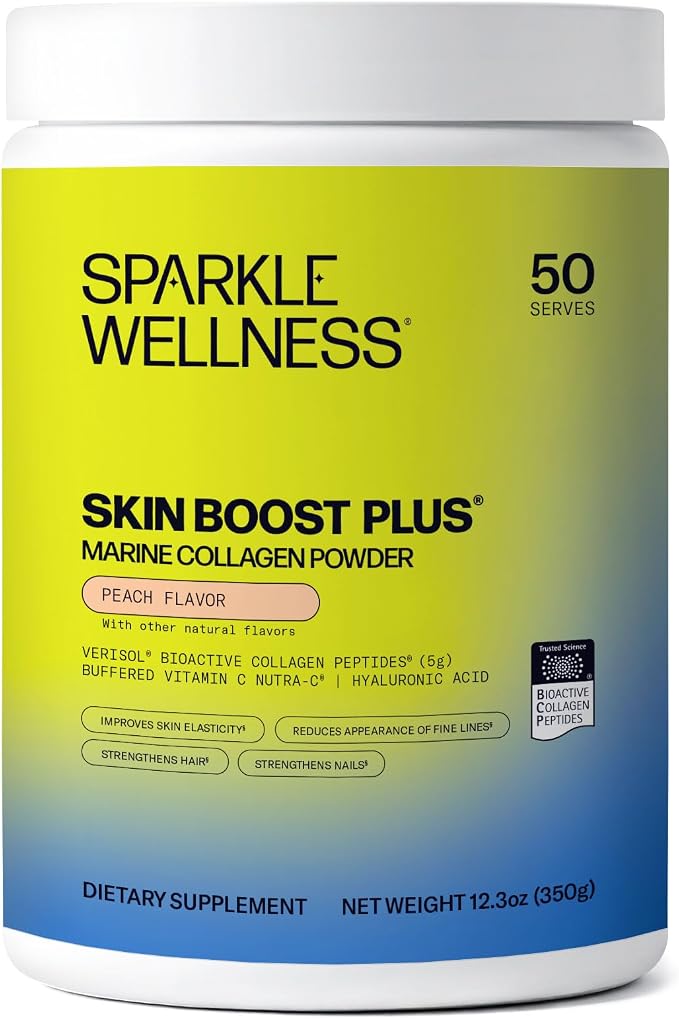 Sparkle Wellness Marine-derived VERISOL Bioactive Hydrolyzed Collagen Peptides | Collagen Powder Supplement with Vitamin C & Hyaluronic Acid | Marine Skin Boost Plus (Peach) [50-Serves]