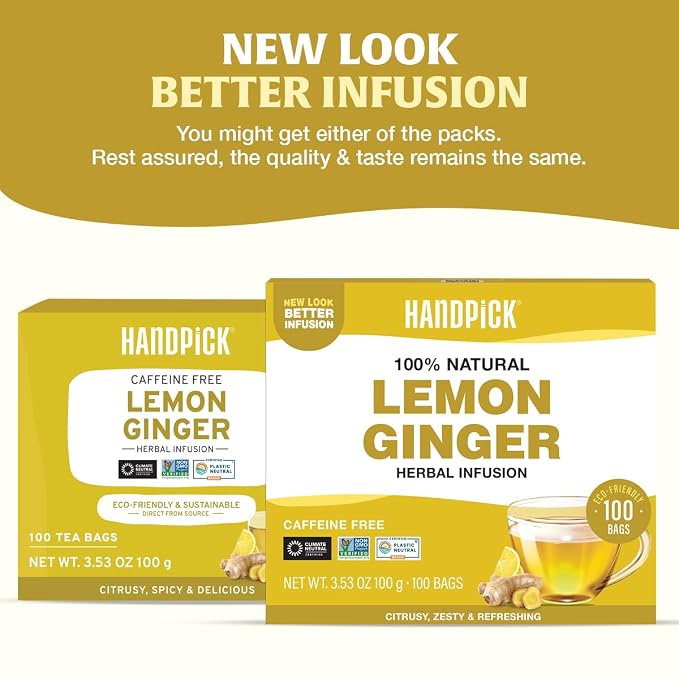 HANDPICK, Lemon Ginger Herbal Tea - 100 Pyramid Tea Bags | 100% Natural Ingredients, Tasty & Citrusy Hand-made Blend of Lemon & Ginger | Caffeine Free, Gluten Free | No Artificial Ingredients