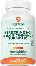 PurePremium Berberine with Ceylon Cinnamon Complex - 1500mg Berberine Supplement HCl, Cinnamon & Turmeric Supplement Supports Blood Sugar Levels Already Within Normal Range - 2 Month Supply, 120ct