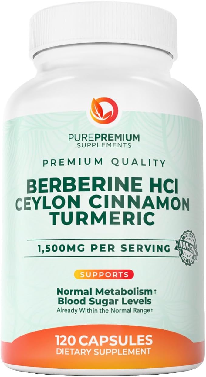 PurePremium Berberine with Ceylon Cinnamon Complex - 1500mg Berberine Supplement HCl, Cinnamon & Turmeric Supplement Supports Blood Sugar Levels Already Within Normal Range - 2 Month Supply, 120ct
