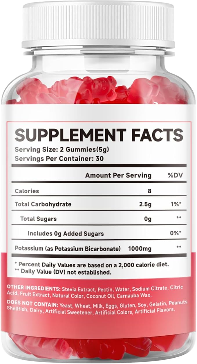 Potassium Gummies, Potassium Bicarbonate Supplement for Adults & Kids, Potassium Supplement for Electrolyte Balance & Muscle Heath, Sugar-Free, Strawberry Flavor, 60 Count
