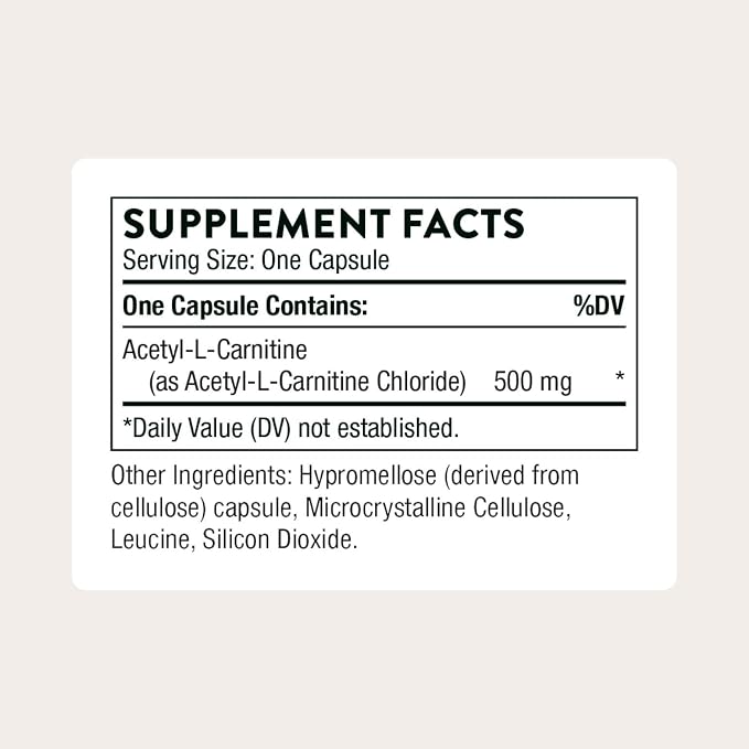 THORNE - Acetyl-L-Carnitine - 500 mg - Supports Brain Function, Mood & Healthy Nerve Sensations in the Hands & Feet* - Third-Party Certified - Gluten, Dairy & Soy-Free - 60 Capsules