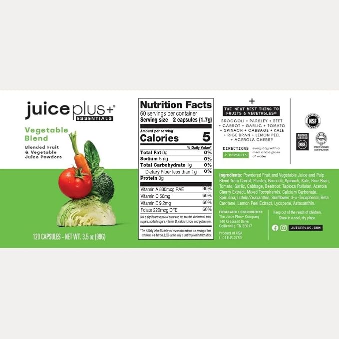 JuicePlus+ Fruit, Vegetable & Berry Blend: Nutrient-Packed Ingredients For Heart Health, Immune Function, Cognitive Performance, & Radiant Skin - Prepacked 3 bottles (60 servings of Fruit, Veg, Berry)
