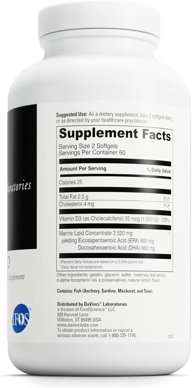 DAVINCI Labs Omega 3 HP-D - Dietary Supplement for Healthy Joints and Immune, Cardiovascular and Skin Health Support - with Vitamin D3 and More- Gluten-Free - Lemon Flavor - 120 Softgels