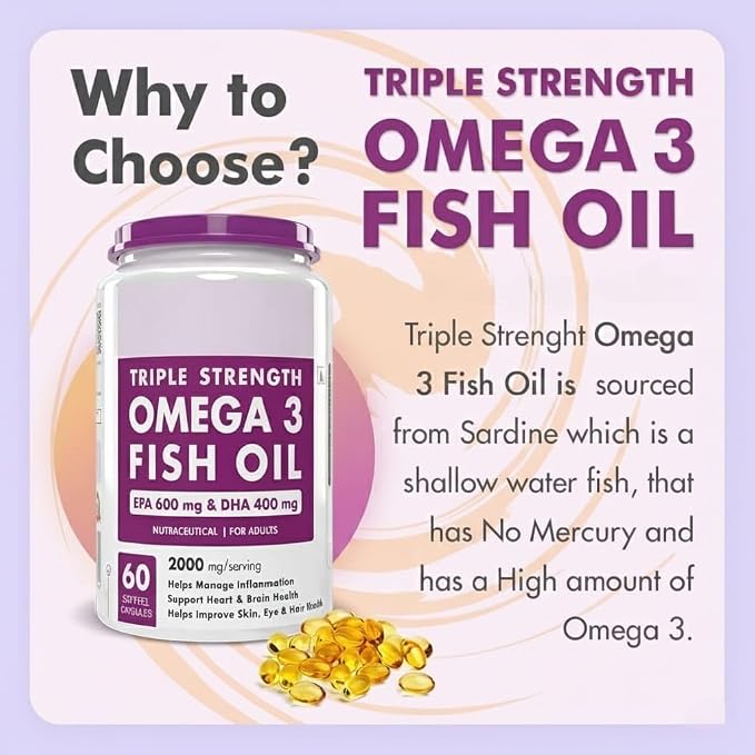 Omega 3 Fish Oil | Omega 3 Fish Oil Capsules for Women and Men | Triple Strength Fish Oil | Burpless, EPA 600 - DHA 400 Supplement, 60 Softgel Capsules