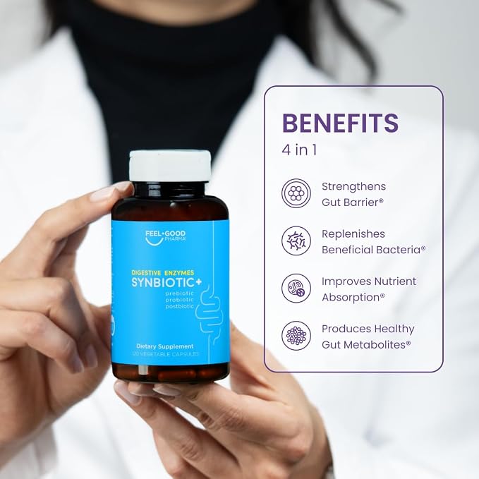 Feel Good Digestive Enzymes 4-in-1 Synbiotic+ – with Prebiotics, Probiotics & Postbiotics – Gut Health, Digestion & Bloating Relief – Pharmacist Formulated for Adults