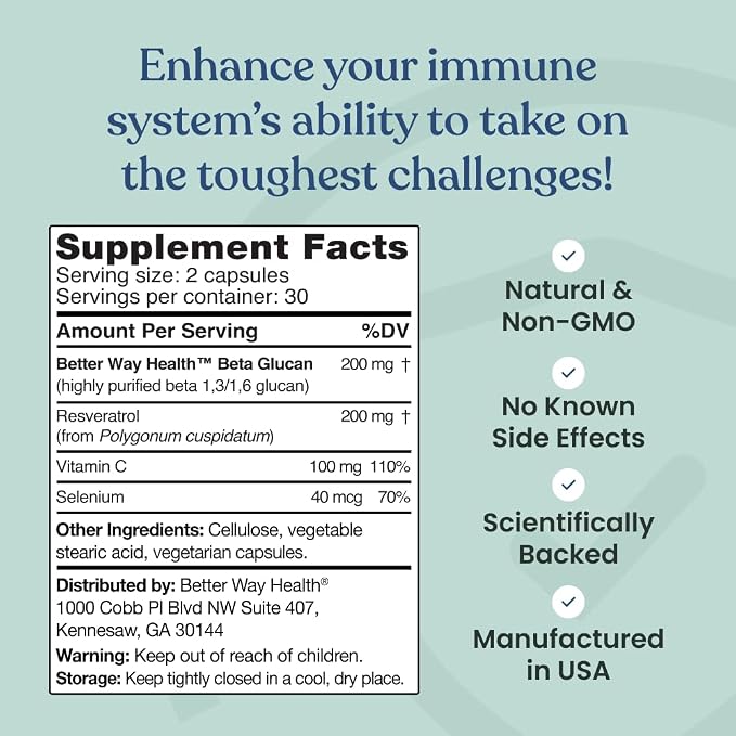 Better Way Health Advanced Immune Readiness – 1,3/1,6 Beta Glucan with Vitamin C, Selenium & Resveratrol – Immune Support Supplement for NK Cells & Phagocytosis – 60 Capsules