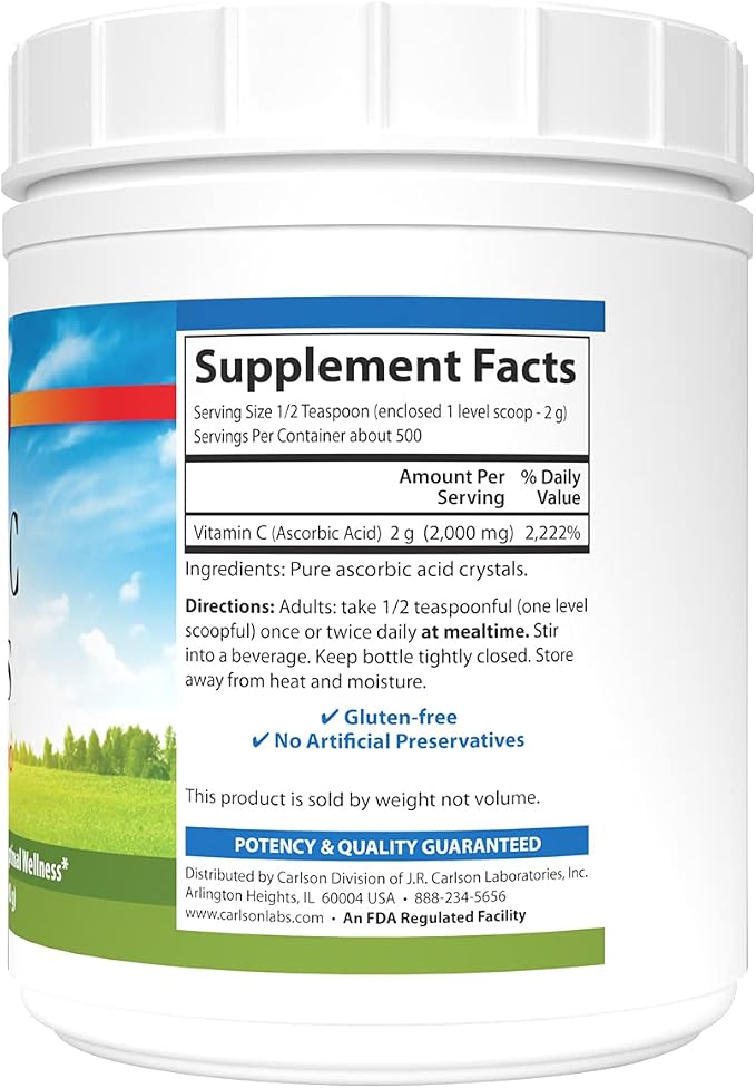 Carlson - Non-GMO Vitamin C Crystals, 2000 mg, Vitamin C Powder, Immune Support, Antioxidant, 35 oz (1000 g)