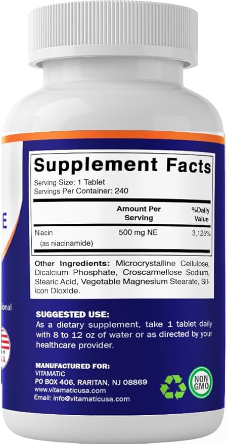 Vitamatic Niacinamide 500 mg 240 Tablets - Flush Free Vitamin B3 - Supports Energy Production-2 Pack