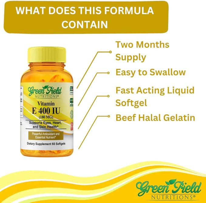Greenfield Nutritions Halal Vitamin E 400 IU Softgels (180mg) 60 Counts – Dietary Supplement for Skin, Heart, Eye, and Immune Health Support – 2 Month Supply