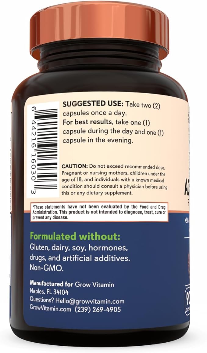 Grow Vitamin Adrenal Stress Advanced Formula, Organic KSM-66 Ashwagandha with AlphaWave L-Theanine, 5-HTP, Magnesium Blend - Everyday Stress Relief, Mood Support, Cognitive, Brain Health, 90 Capsules
