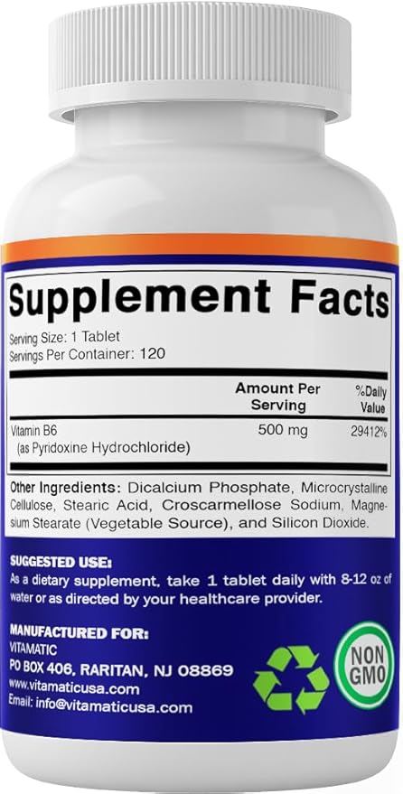 Vitamatic Vitamin B6 (Pyridoxine HCI), 500 mg – 120 Vegetarian Tablets - 2 Pack Promotes Energy Production, Boosts Metabolism & Immune Health Support